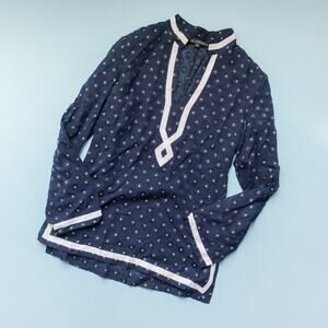 The Wrights Navy Blue Long Sleeve Embroidered White Trim Tunic Top Size 10